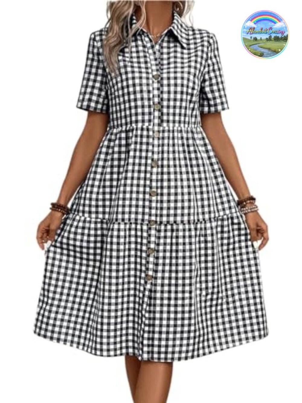 Retro Plaid Button Up Shirt Dress Cotton Blend Swing A Line Midi